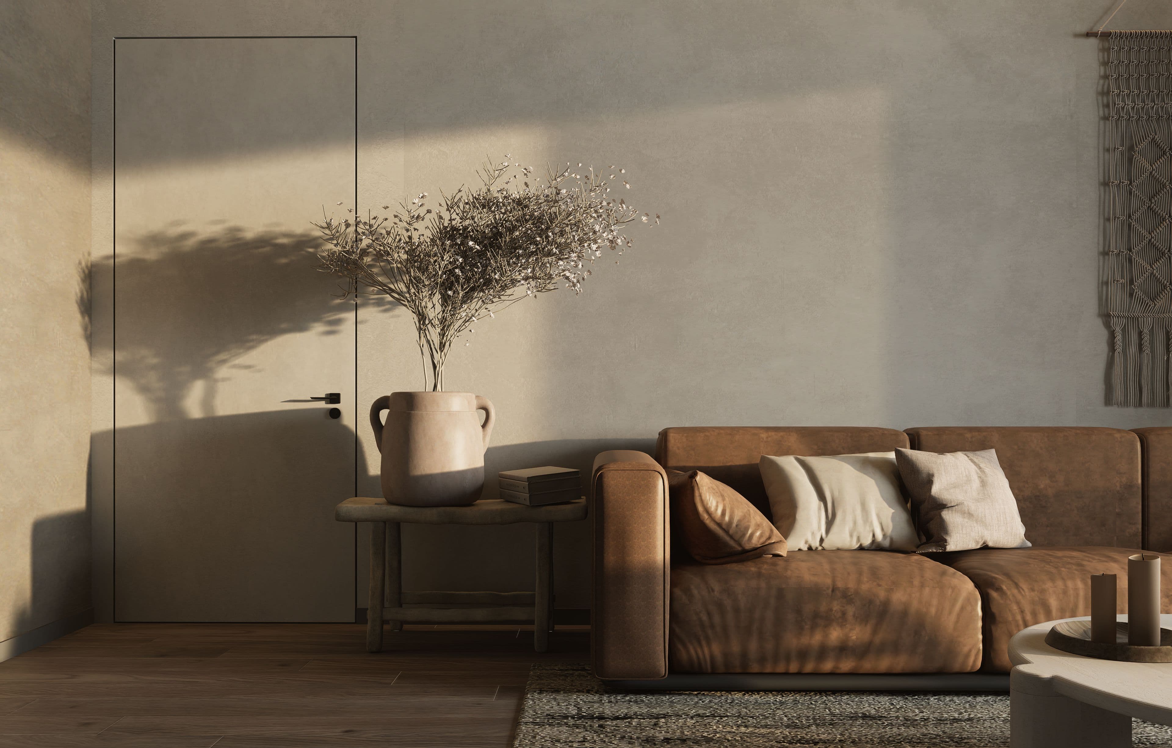 Salón con sofá y luz natural cálida